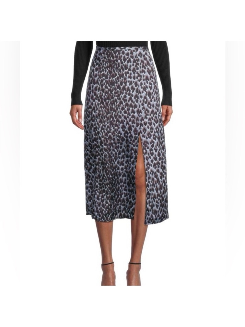 PAIGE Delfina Leopard Print Midi Skirt w/ Slit Blue Ice Cliffside Size Large NWT